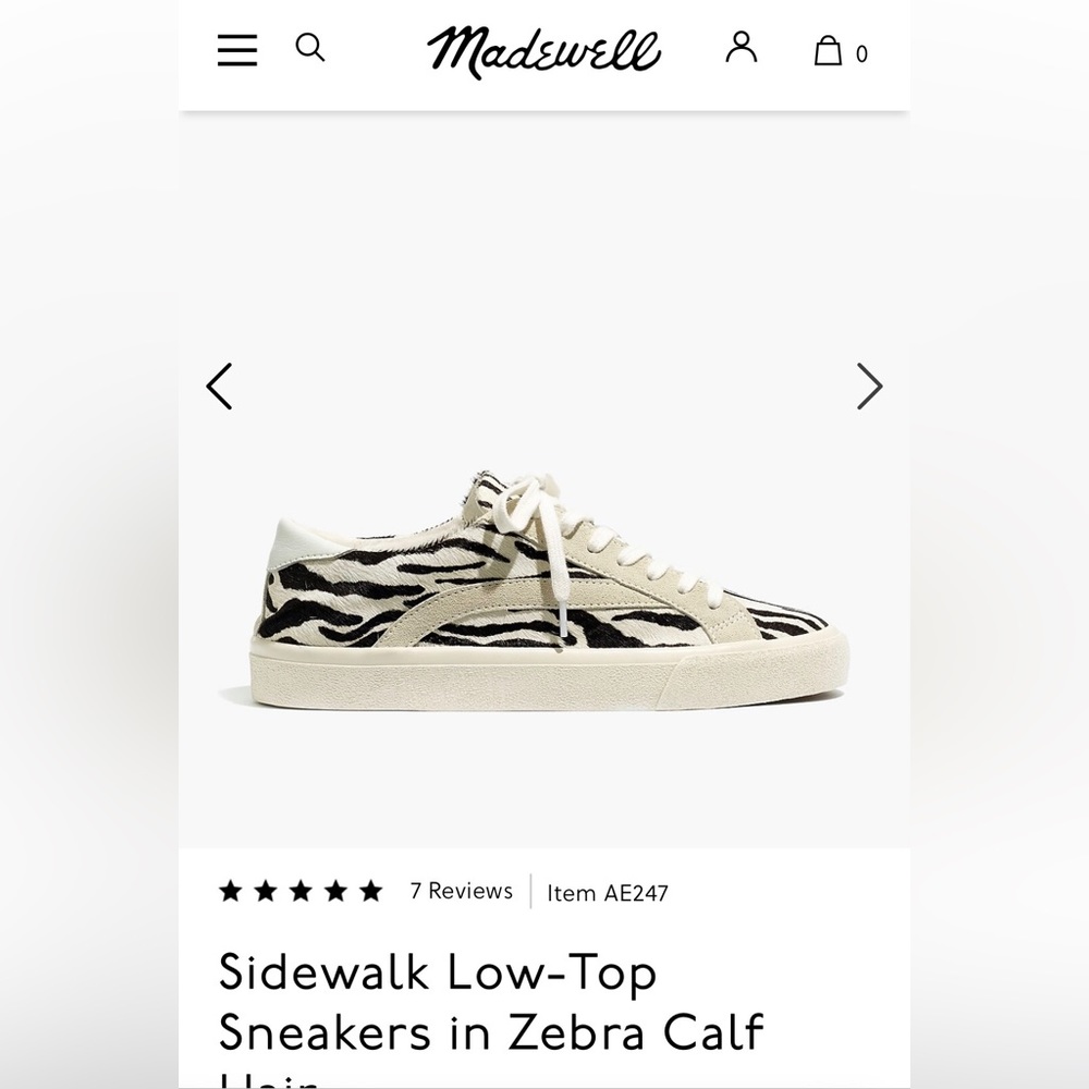 Madewell Sidewalk Low-Top Sneakers in Zebra Calf Hair size 7 women’s